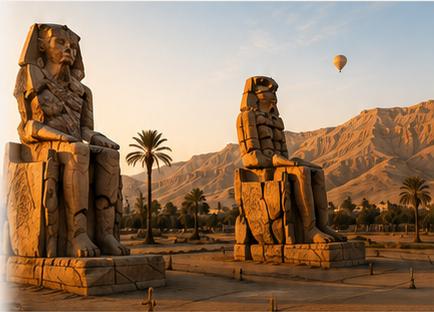 The Colossi of Memnon in the warm morning light